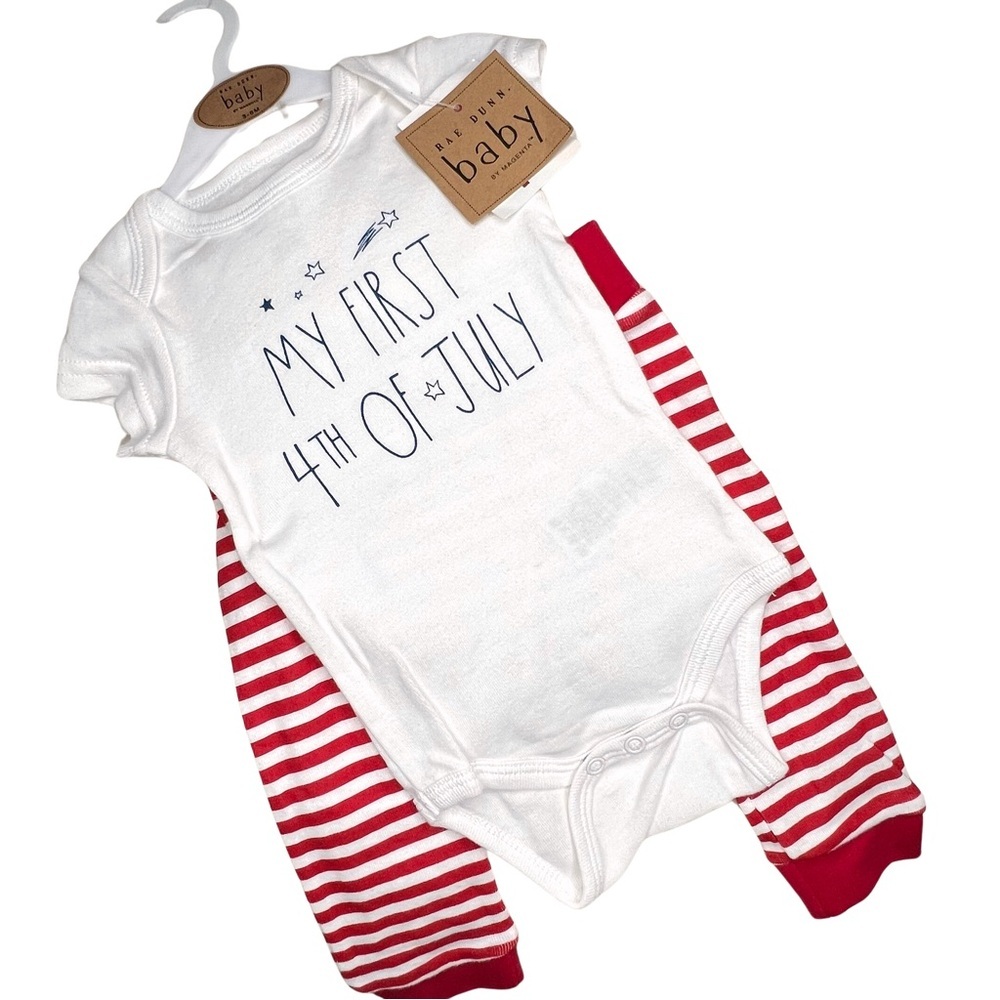 Rae Dunn Baby Onesie Set MY FIRST 4th OF JULY Outfit Red White Blue 3-6 Month